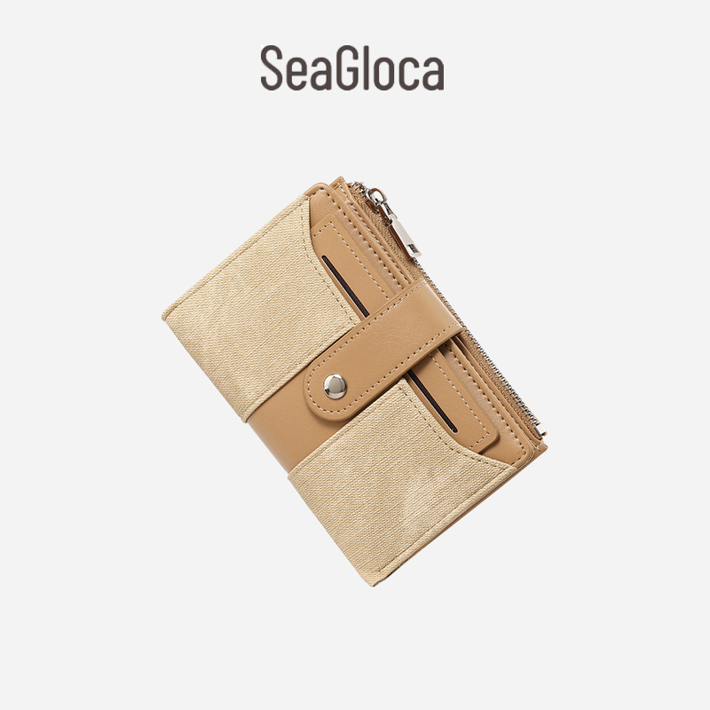 SeaGloca Zephyr กระเป๋าสตางค์แบบวินเทจ ทำจากผ้าใบ มีปุ่มกดเชื่อมต่อการ์ด สำหรับผู้หญิง 2052