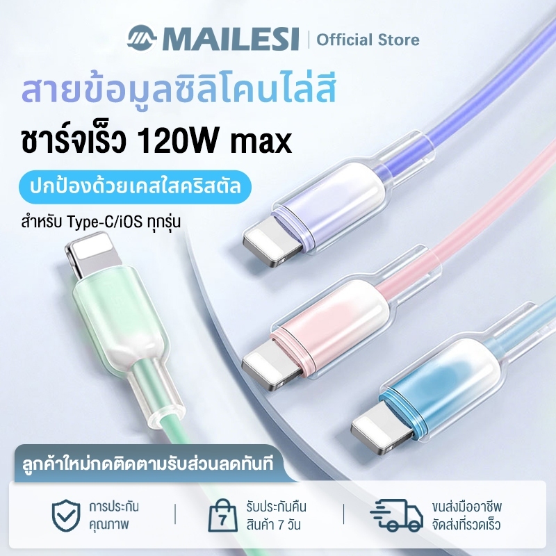 MAILESI สายชาร์จ สีพาสเทล สายข้อมูลซิลิโคนไล่สี ชาร์จไว 120W สายยาว 1 เมตร Type-C/IP รองรับทุกรุ่น