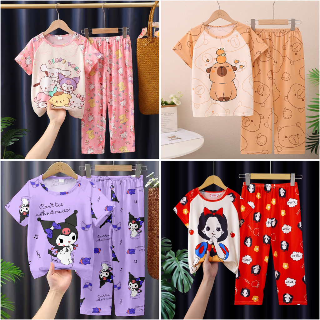 เด็กผู้หญิงแขนสั้นคอกลม Space Kuromi Loungewear เด็กโพลีเอสเตอร์ชุดนอนอินเทรนด์สําหรับ 4 - 5 ปี