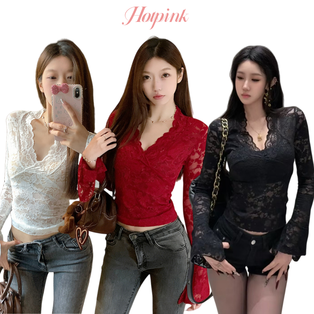 Hotpink ส่งจาก Bangkok🔥 เสื้อเชิ้ตลูกไม้แขนกระดิ่งคอวีสไตล์ฝรั่งเศส 2025 เสื้อทรงเข้ารูปและเก๋ไก๋แบบใหม่