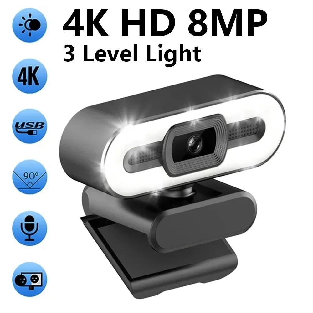 กล้อง Webcam 4K พร้อมไมโครโฟนและไฟสำหรับ PC Laptop Webcam 1080p กล้องสำหรับคอมพิวเตอร์ Video Call Me