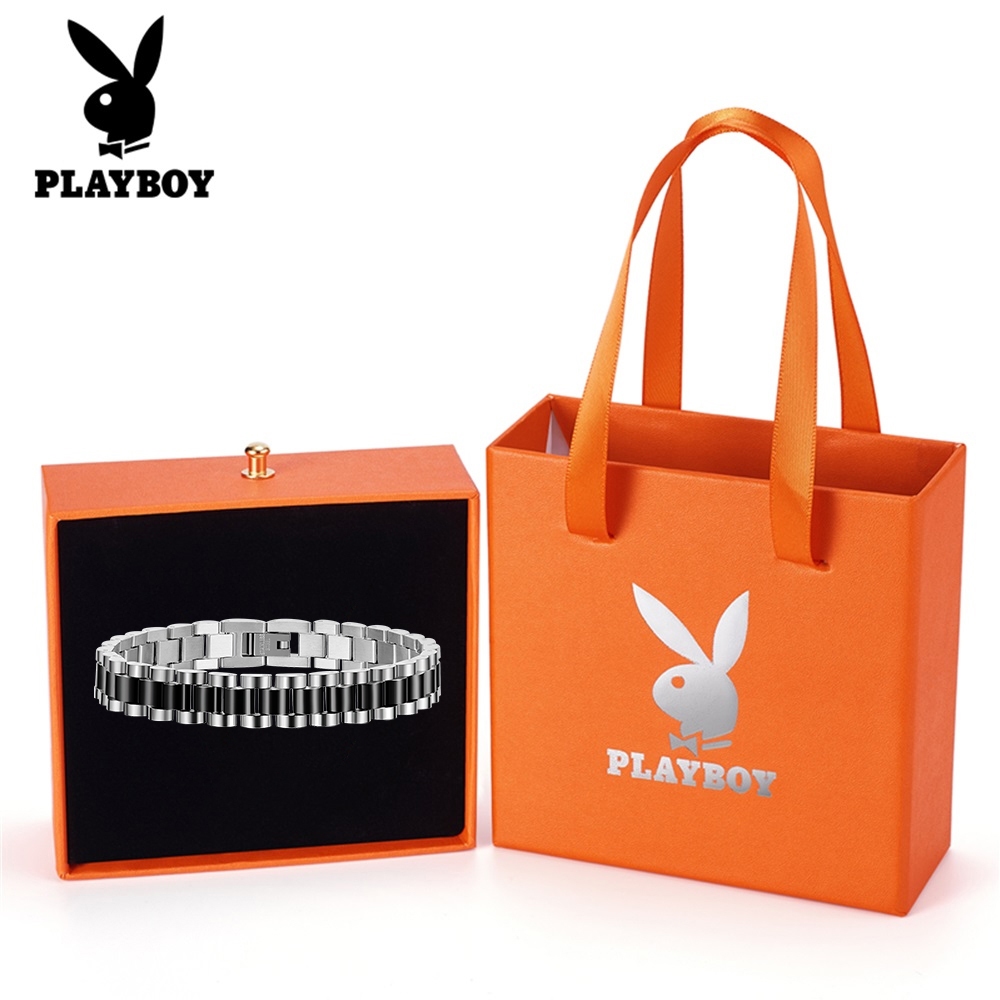 PLAYBOY สร้อยข้อมือผู้ชายแฟชั่นสแตนเลสดีไซน์เท่และเรียบง่ายพร้อมกล่อง GS750