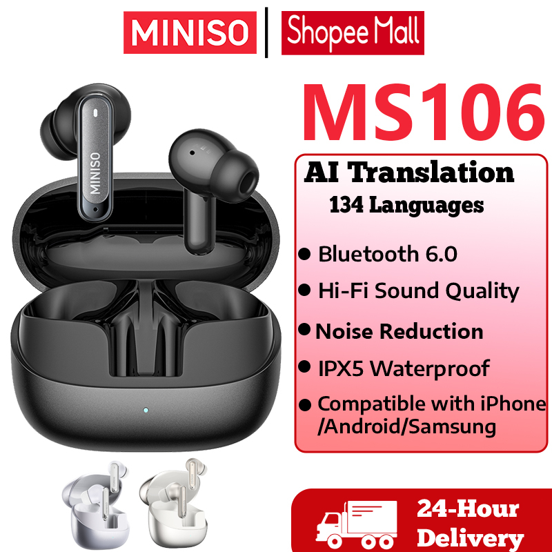 หูฟังบลูทูธไร้สาย MINISO MS106 สินค้าแท้หูฟังไร้สาย พร้อมระบบแปลภาษา AI รองรับ 135 ภาษา บลูทูธ 6.0 เสียงสเตอริโอ Hi-Fi กันน้ำ IP55 และระบบตัดเสียงรบกวน แบตเตอรี่ใช้งานได้นาน 55 ชั่วโมง รองรับการเชื่อมต่อกับหลายอุปกรณ์