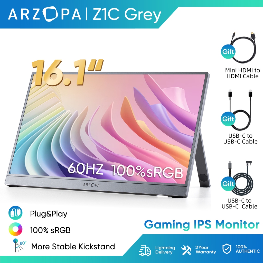 Arzopa Z1C สีเทา- 16.1 "100% sRGB Kickstand จอภาพแบบพกพา, 1080P FHD พร้อม USB C HDMI Monitor หน้าจอขยายสําหรับพีซี, Mac, แล็ปท็อป, สวิตช์, Xbox, PS4/5