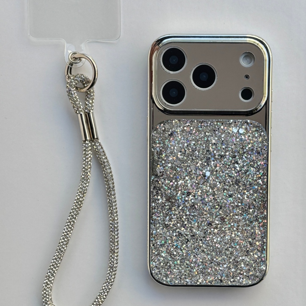 เคสปักเลื่อมสีเงินพร้อมสายคล้องข้อมือสำหรับiPhone 17 16 15 14 Pro Max 17 Pro Luxury