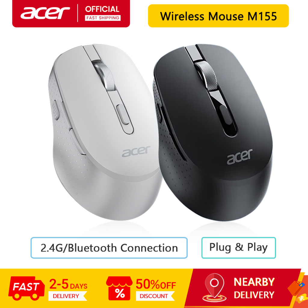 Acer เมาส์บลูทูธไร้สาย M155, โหมดคู่, ชาร์จใหม่ได้ Type-C, การออกแบบตามหลักสรีรศาสตร์, เมาส์แบบพกพาส