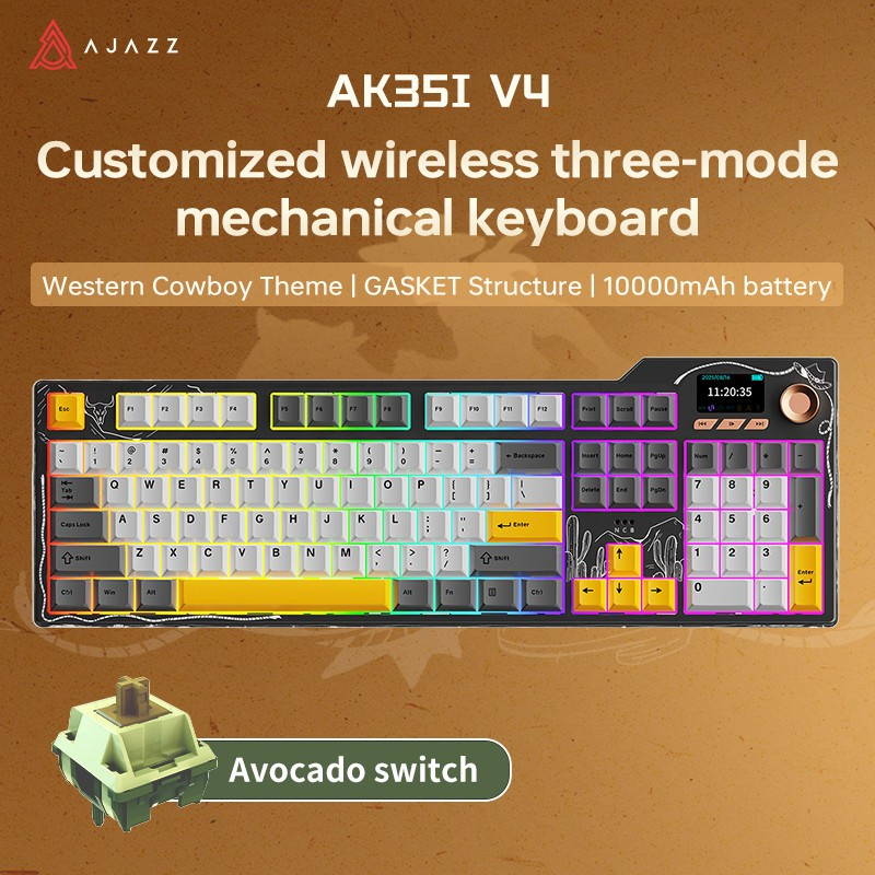 ใหม่ Ajazz AK35I V4 Tri-mode คีย์บอร์ดไร้สาย RGB พร้อมปะเก็นจอแสดงผลลูกบิด Full Key Hot Swap คีย์บอร
