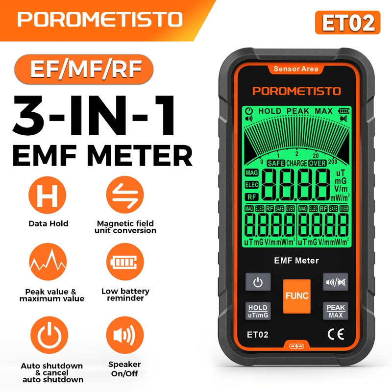 POROMETISTO ET02 3 in 1 แม่เหล็กไฟฟ้าเครื่องตรวจจับรังสีเครื่องทดสอบ ET02 มือถือดิจิตอล EMF เมตรความถี่สูงแม่เหล็กไฟฟ้า RF EMF เมตร