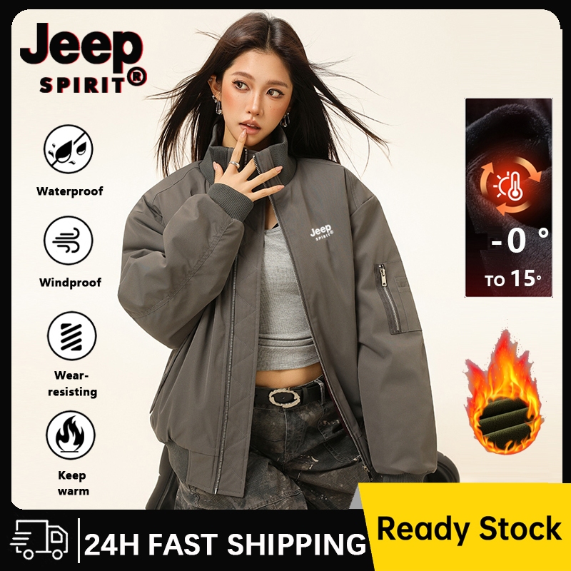 JEEP SPIRIT เสื้อแจ็คเก็ตฤดูหนาวย้อนยุคสําหรับผู้หญิงเสื้อแจ็คเก็ตมอเตอร์ไซค์กันน้ําสีเทา