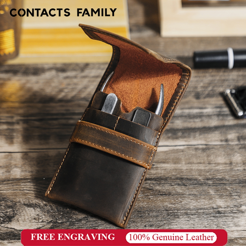 CONTACTS FAMILY กระเป๋าใส่เครื่องมือทําเล็บหนังแท้ 3 กระเป๋ากรูมมิ่งเดินทาง & EDC Nail Clipper Organizer Full Grain หนัง