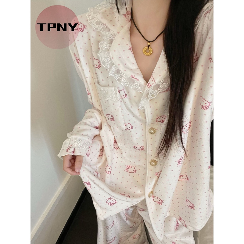 [TPNY] FASHION LOUNGEWEARชุดนอนกำมะหยี่ลายการ์ตูนแมวคิตตี้ ปักลูกไม้ สำหรับผู้หญิงไซส์ใหญ่ ฤดูใบไม้ร่วง