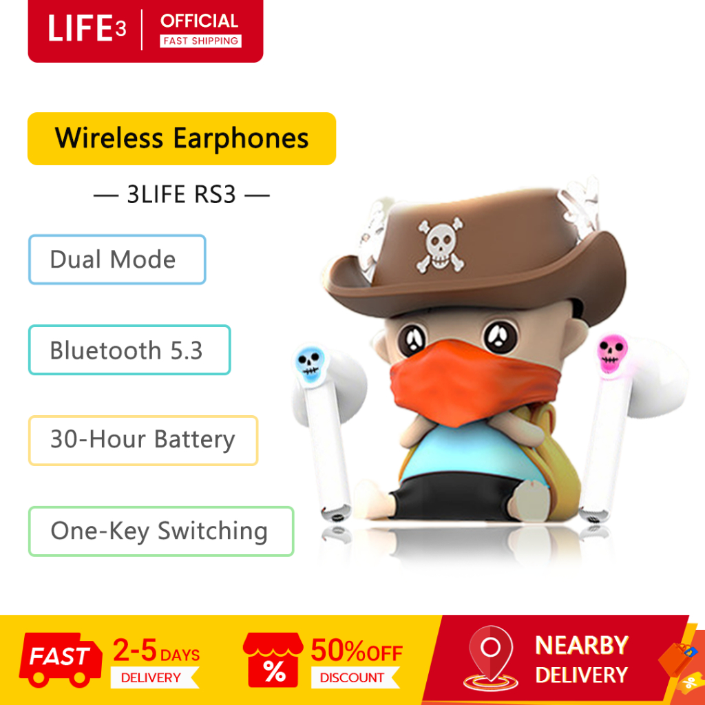 หูฟังไร้สาย 3LIFE RS3, การเชื่อมต่อ BT 5.3, อายุการใช้งานแบตเตอรี่ 30 ชั่วโมง, การสลับโหมดคู่ One-Ta