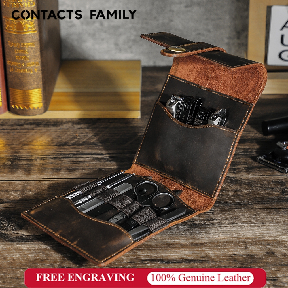 CONTACTS FAMILY กระเป๋าใส่เครื่องมือทําเล็บหนังแท้ - กระเป๋าใส่กรูมมิ่งเดินทางและที่ใส่กรรไกรตัดเล็บแบบหลายกระเป๋าพร้อมสแนปแม่เหล็ก Full Grain หนัง