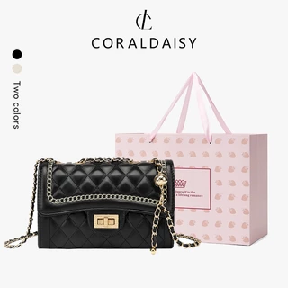 CORALDAISY 2025 รูปแบบใหม่ ห่วงโซ่ที่หรูหรา กระเป๋าสะพายข้าง หัวเข็มขัดหมุน แฟชั่นสีทึบ กระเป๋าสะพาย