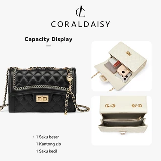 CORALDAISY 2025 รูปแบบใหม่ ห่วงโซ่ที่หรูหรา กระเป๋าสะพายข้าง หัวเข็มขัดหมุน แฟชั่นสีทึบ กระเป๋าสะพาย
