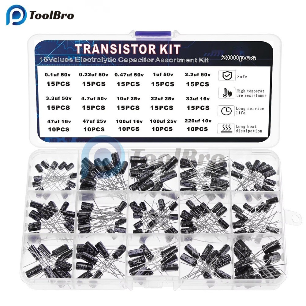 200 ชิ้น/ล็อต Electrolytic Capacitor Assortment Kit - 15 ค่า (10V, 16V, 25V, 50V) 0.1uF-220uF - รวม 