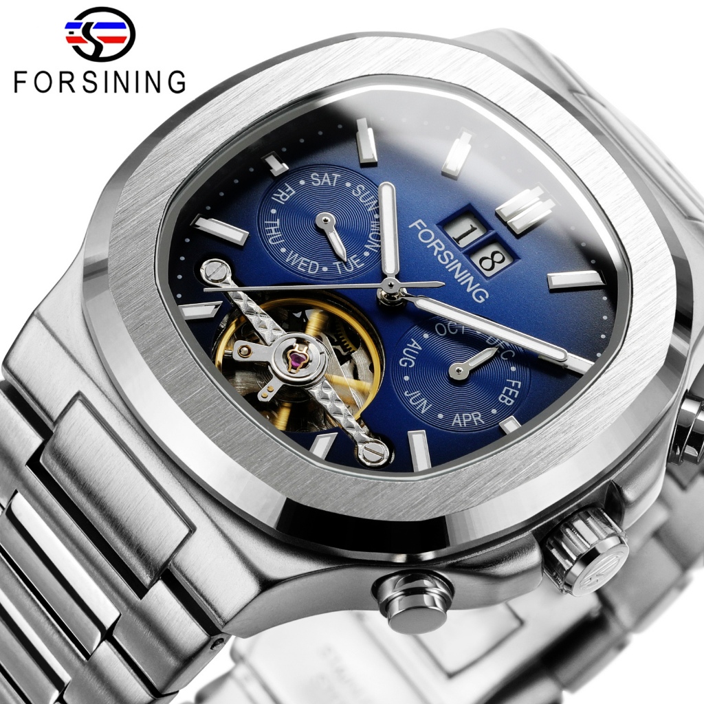 Forsining Mens Automatic Mechanical Watch Stainless Steel Multi functional Hollow Fashion Business Clock ของขวัญผู้ชาย