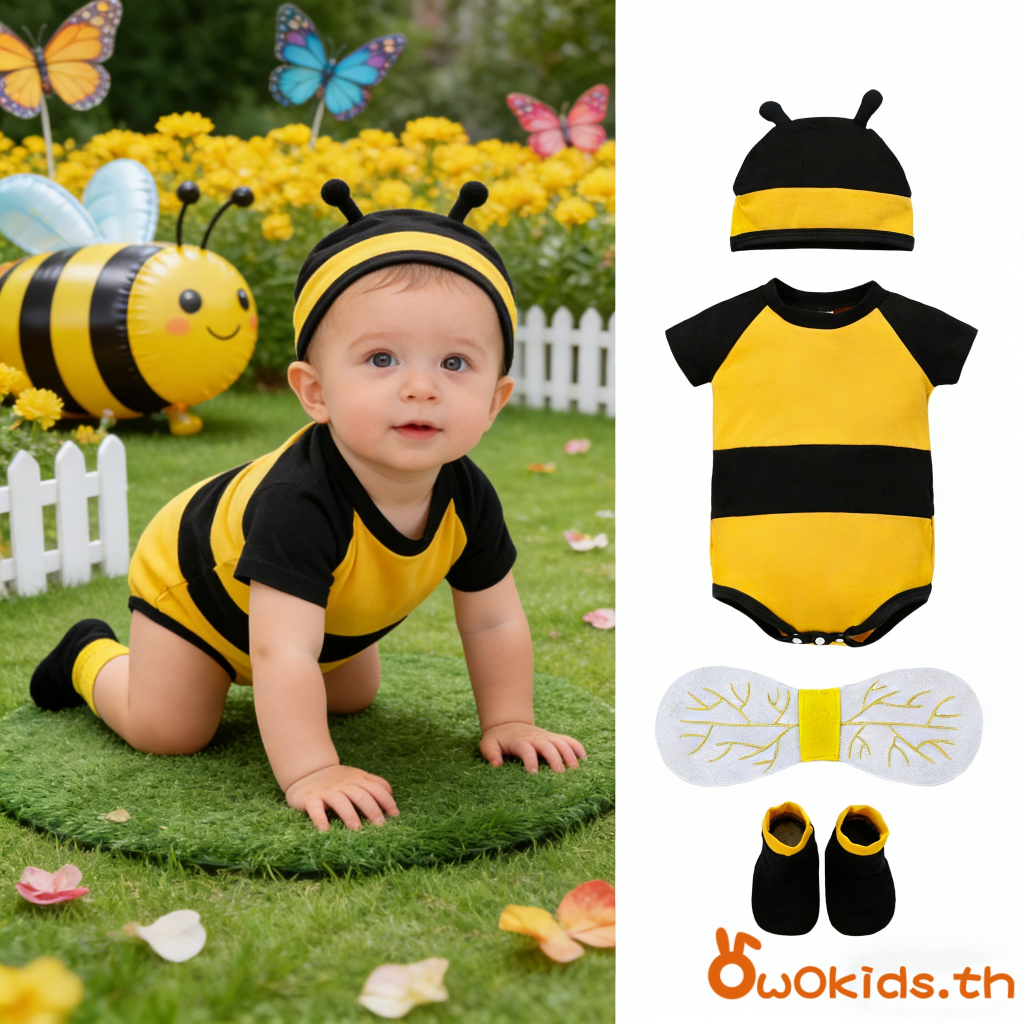 【ส่งจากไทย】​ชุดผึ้งทารกแรกเกิดแขนสั้น Honeybee Romper + หมวก + ปีก + ถุงเท้าชุด