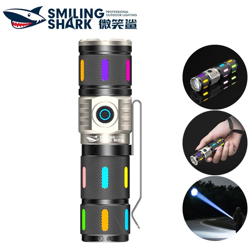 SmilingShark SD5445 ไฟฉาย led มินิ พวงกุญแจ M60 6000LM คบเพลิง ซุปเปอร์ไบรท์ 3โหมด ซูมได้ ด้วย การออกแบบคลิปพ็อกเก็ต & สีเรืองแสง Type-C ชาร์จใหม่ได้ สำหรับการตั้งแคมป์เดินป่า