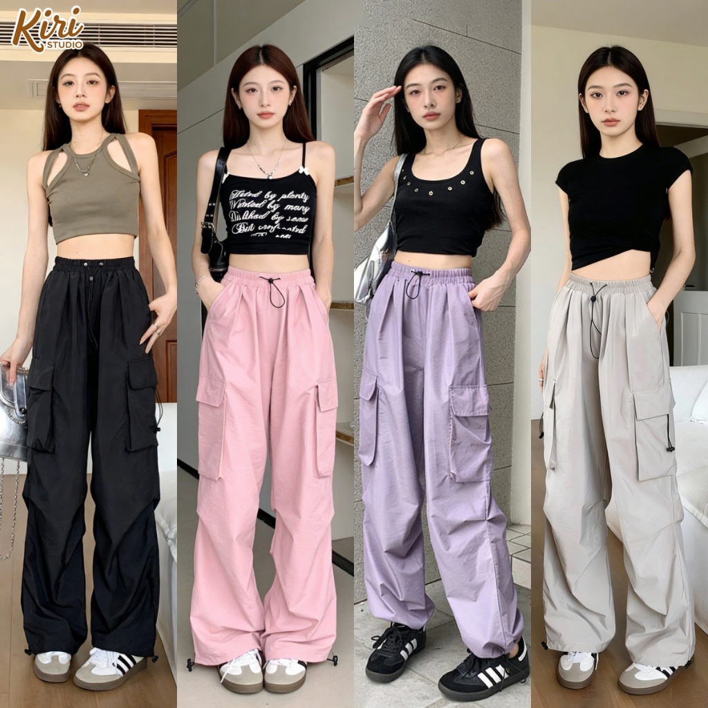 8สี กางเกงคาร์โก้ผู้หญิง กางเกงเอวสูง ขนาด S-7XL ปลายขามีสายเชือก กระเป๋าตรง 2ใบ#150254