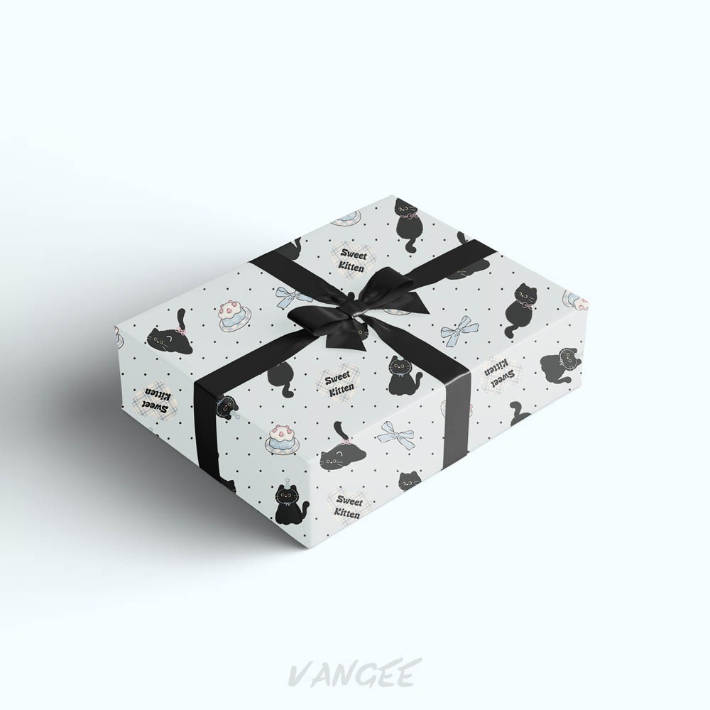 กระดาษห่อของขวัญลายแมวดำจุดโพลกาดอท 50×70ซม. | ดีไซน์ Sweet Kitty พร้อมริบบิ้นสีดำเสริม - รูปที่ 5