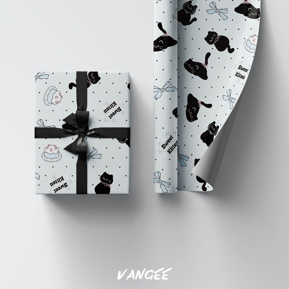 กระดาษห่อของขวัญลายแมวดำจุดโพลกาดอท 50×70ซม. | ดีไซน์ Sweet Kitty พร้อมริบบิ้นสีดำเสริม - รูปที่ 7