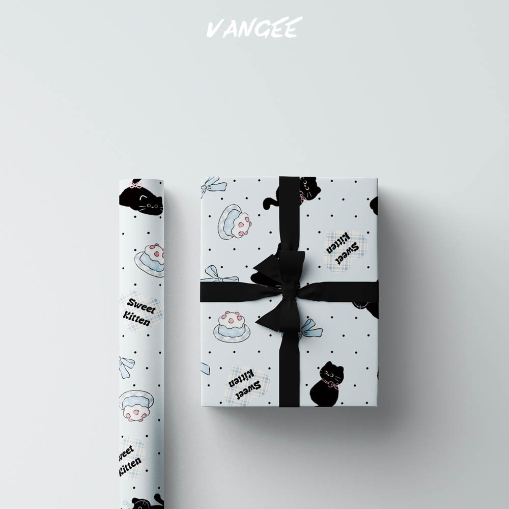 กระดาษห่อของขวัญลายแมวดำจุดโพลกาดอท 50×70ซม. | ดีไซน์ Sweet Kitty พร้อมริบบิ้นสีดำเสริม - รูปที่ 6