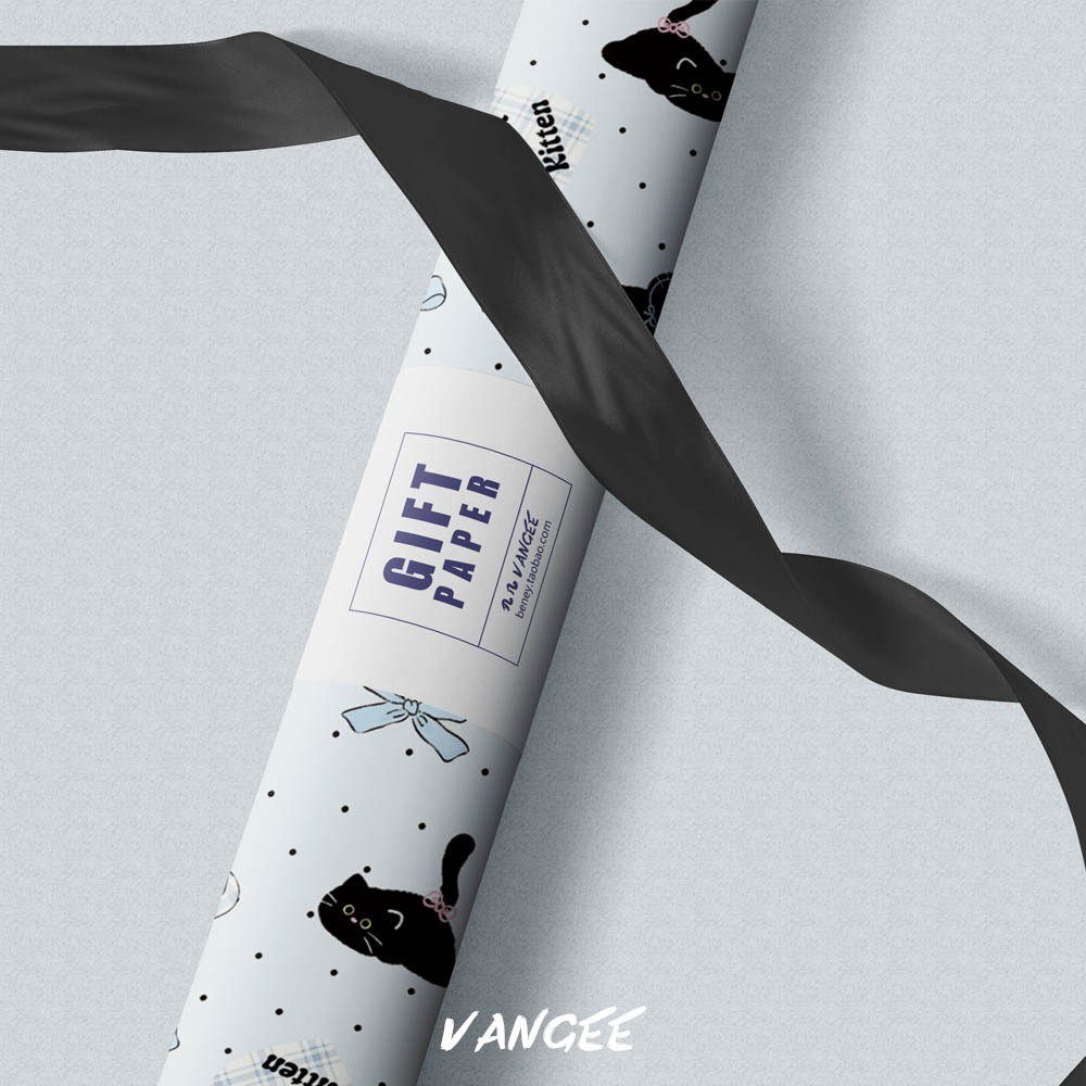 กระดาษห่อของขวัญลายแมวดำจุดโพลกาดอท 50×70ซม. | ดีไซน์ Sweet Kitty พร้อมริบบิ้นสีดำเสริม - รูปที่ 2