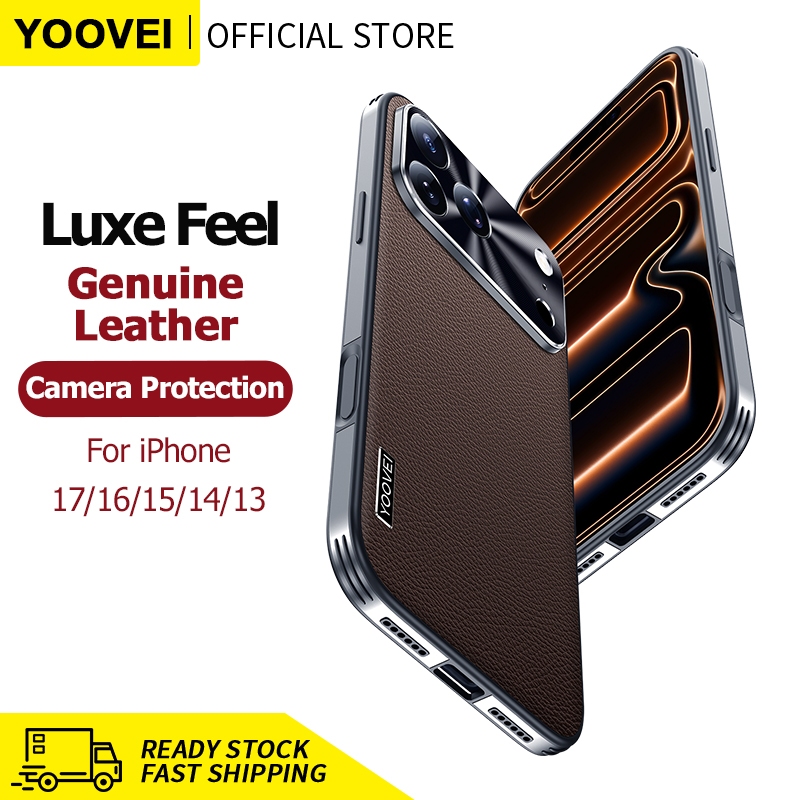 YOOVEI เคสโทรศัพท์หนังกันกระแทกสําหรับ iPhone 17/16/15/14/13/12 Pro Max เคสป้องกันโทรศัพท์สําหรับ iPhone 16Pro หนังแท้รู้สึกสบายป้องกันการตกและกันลื่น - สีน้ําตาล