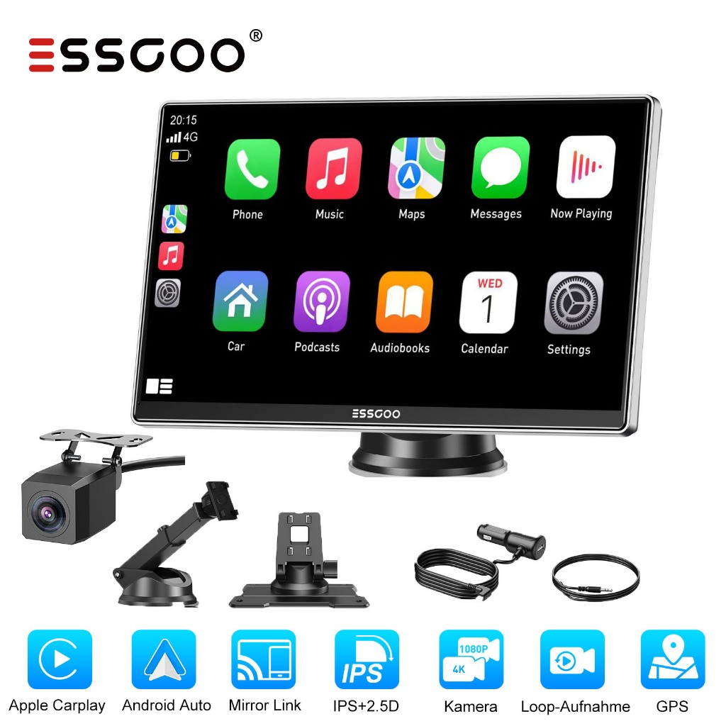 [สินค้าของแท้อย่างเป็นทางการพร้อมการรับประกัน] ESSGOO Wireless CarPlay และ Android Auto - หน้าจอ 9 นิ้ว เชื่อมต่อผ่าน Bluetooth/FM/AUX สําหรับ Mirroring and Sharing Phone เหมาะสําหรับเหมาะสําหรับ