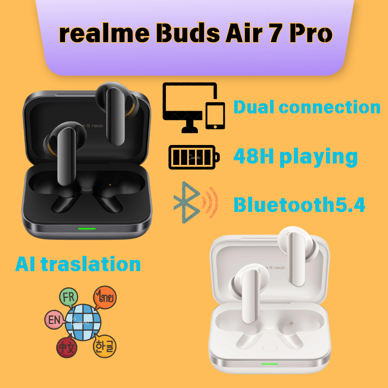 Realme Buds Air 7 Pro พร้อมการแปล Ai Live, ไดรเวอร์ Dual-dac ขนาด 11 มม.+ 6 มม., เวลาเล่น 48 ชม., 53