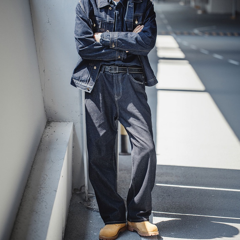 MRA men's American retro heavyweight original cow deep blue straight leg jeans wide pants