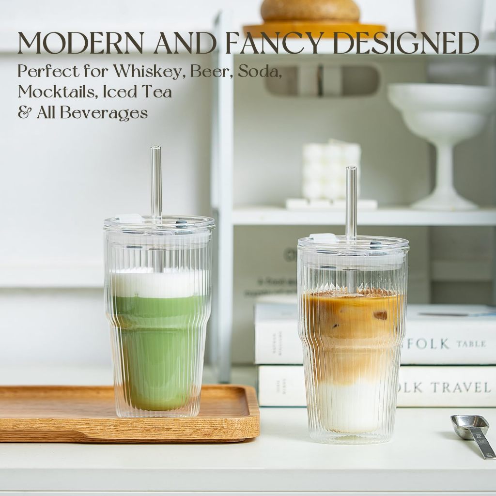 KEMORELA 2 ชิ้น,ถ้วยแก้วติดผนังคู่,ถ้วยแก้วฉนวนพร้อมฝาปิดและหลอด,แก้วน้ําแก้วบอโรซิลิเกต 16 ออนซ์,ทนความร้อนและเหงื่อ,การออกแบบลายสําหรับกาแฟเย็น,ชาฟอง,น้ําผลไม้