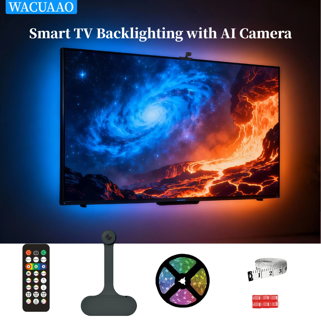 [WACUAAO] ไฟแบ็คไลท์ Smart TV พร้อมกล้อง AI | ซิงค์อัตโนมัติกับหน้าจอและเพลง | รีโมทคอนโทรล | สำหรับทีวีขนาด 40-85 นิ้ว | ไฟ LED แถบสำหรับเล่นเกม ดูหนัง ปาร์ตี้