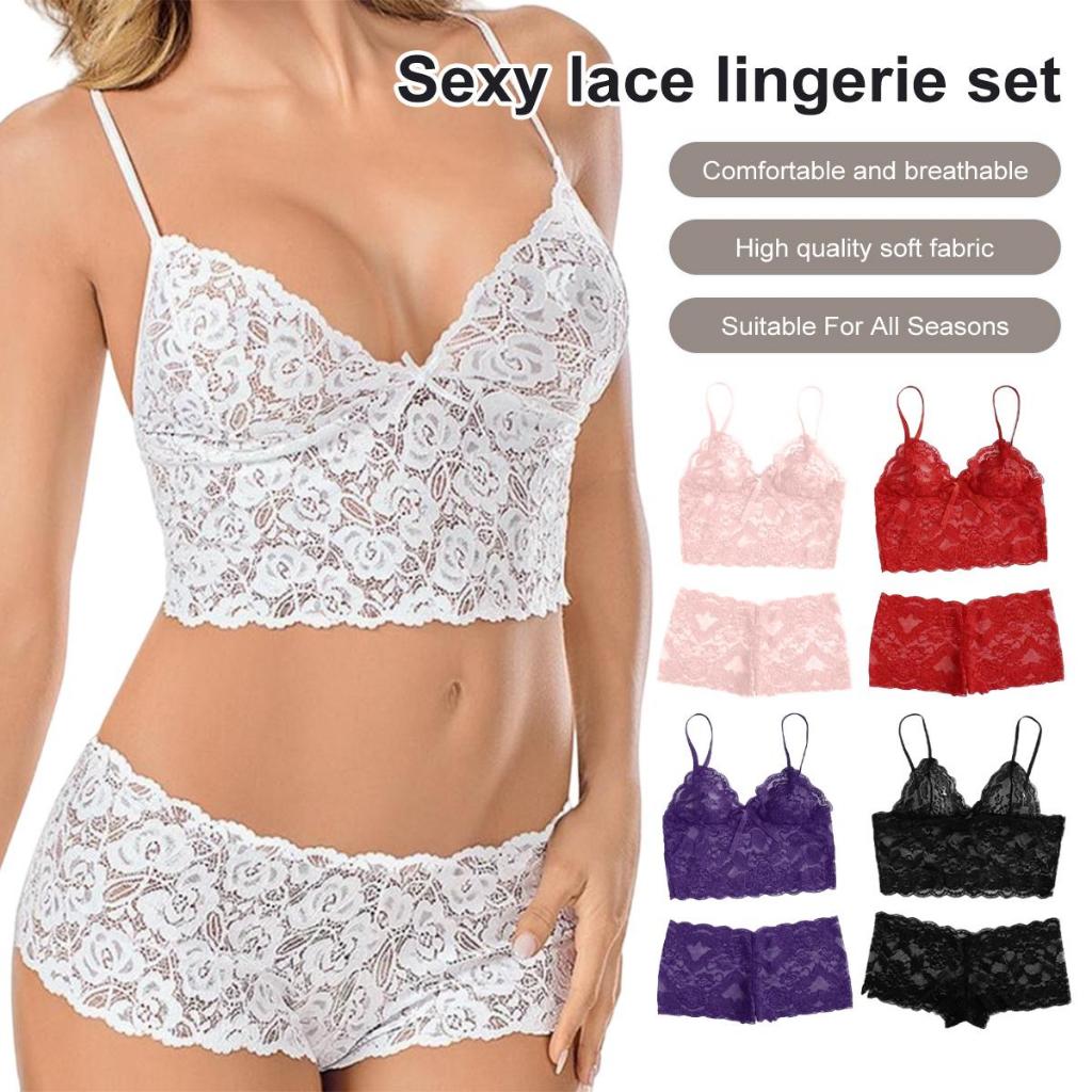 ผู้หญิงบางเฉียบโปร่งใสลูกไม้ Bralette และกางเกงชุดลวดฟรี Low Rise Comfort ชุดชั้นในชุดชั้นในชุด