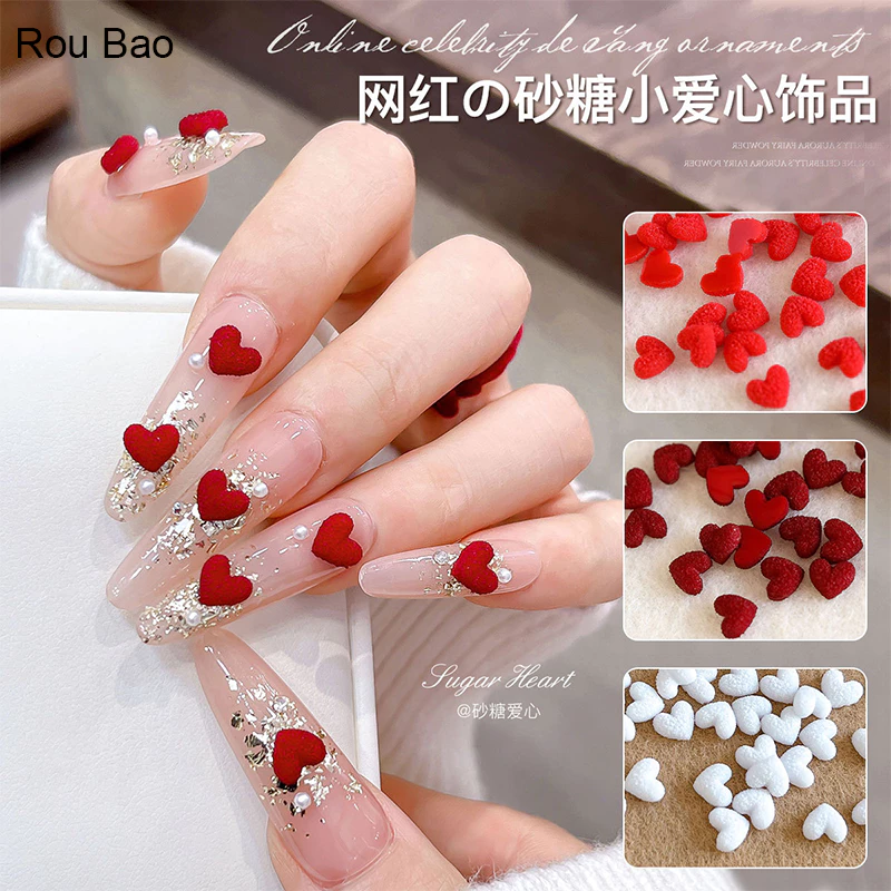 Rou Bao 50 ชิ้นเล็บน้ําตาลหัวใจไวน์แดงสีขาวผสมเล็บ Art DIY Charms ตกแต่ง