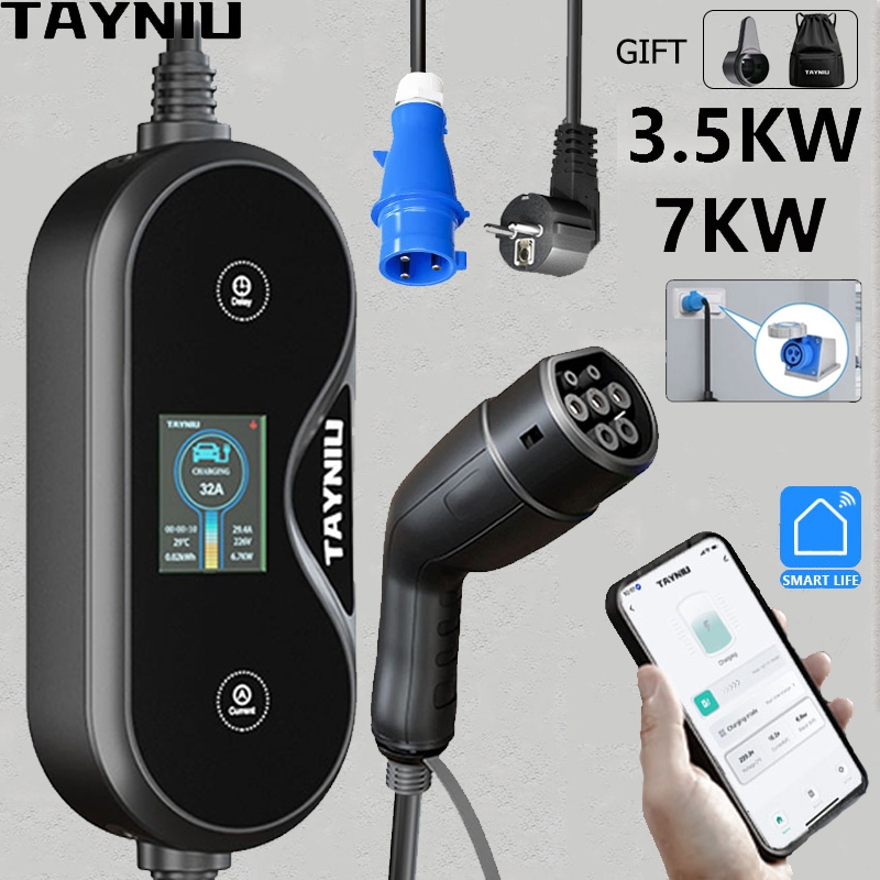 TAYNIU แบบพกพา EV Charger 16A 3.5KW 32A 7KW ประเภท 2 Fast Charger สําหรับรถยนต์ไฟฟ้าควบคุมผ่าน WiFi App พร้อมการตั้งค่าเวลาและการชาร์จปัจจุบัน