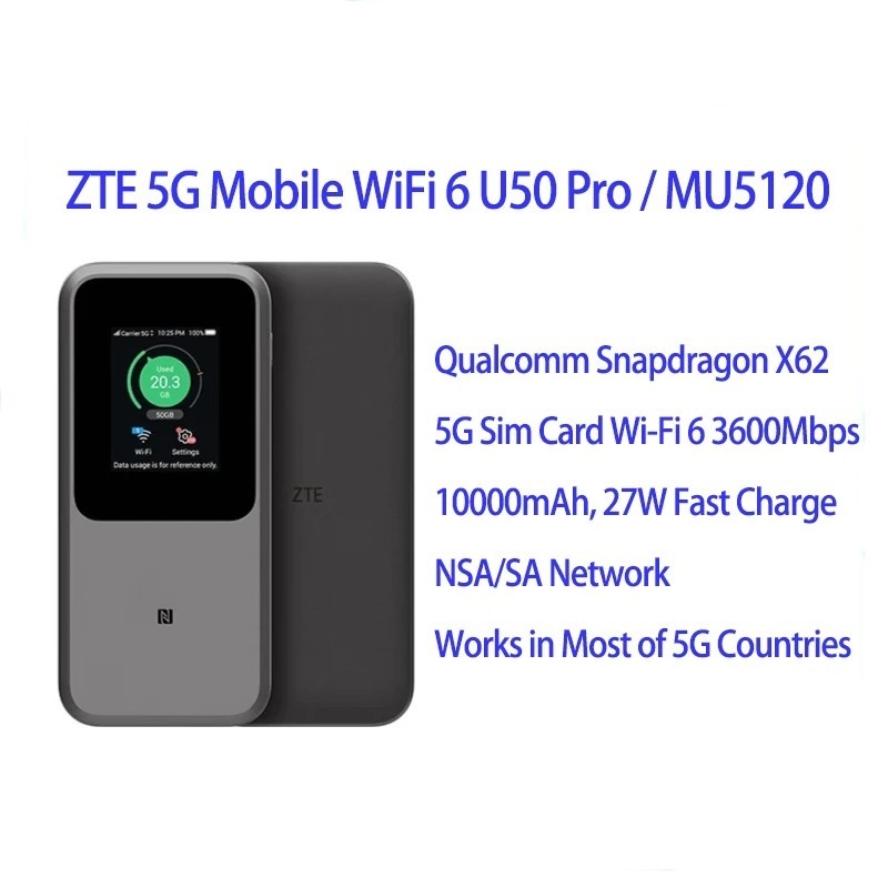 ZTE MU5120 5G แบบพกพา WiFi U50 Pro 10000 mAh 27W Fast Charge WiFi 6 3600Mbps Mobile Hotspot 5G Route