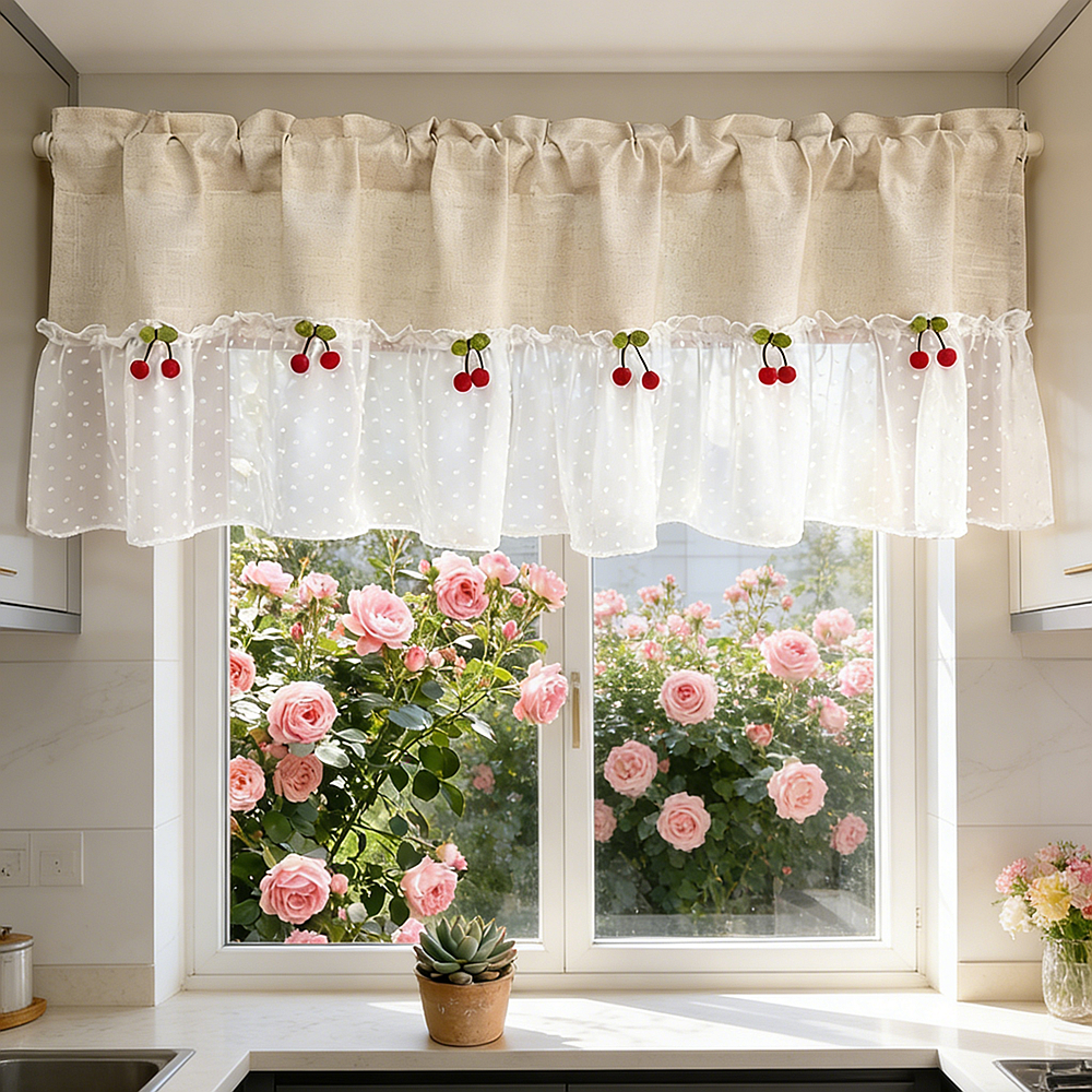 กระท่อมโบฮีเมียน Neutral Sheer สีขาว Pom Pom ผ้าม่านสั้นผ้าลินินผสมห้องครัว Valance สําหรับตู้ Farmhouse Deisgn Boho ผ้าม่าน Topper ชนบทชั้นครึ่งผ้าม่าน