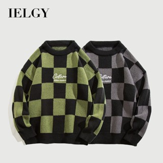 IELGY สีเขียวตรวจสอบเสื้อกันหนาว คอกลม หลวมเสื้อกันหนาว