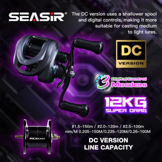 Seasir Rexcast Dc Baitcasting ตกปลา Reel 3 โหมดควบคุมดิจิตอล Long Cast ลากสูงสุด 12 กก. คาร์บอนเครื่องซักผ้าเกียร์ทองเหลือง 7.3:1 6 + 1BB น้ําเค็มสด Reel ตกปลา Coil
