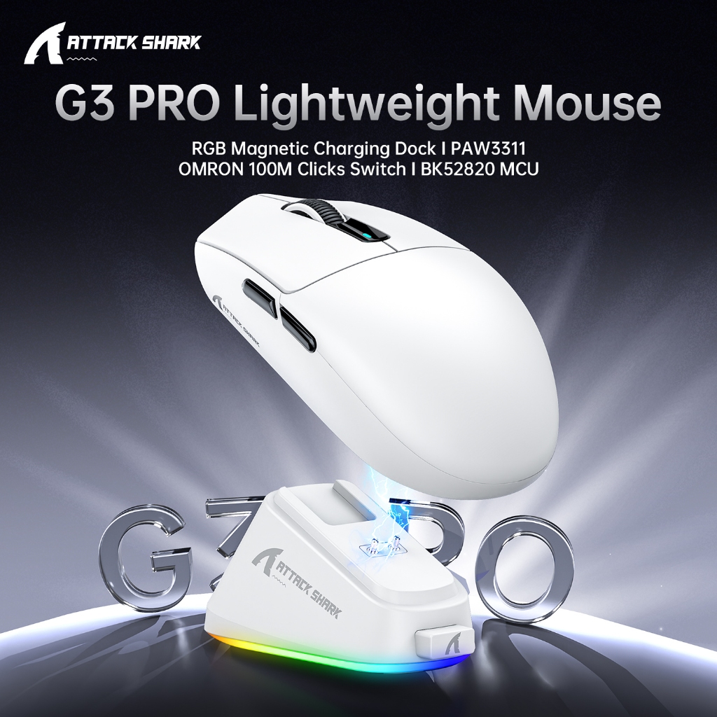 Attack Shark G3 Pro Tri-Mode Wireless Gaming Mouse 62g PAW3311 1000Hz RGB แท่นชาร์จแม่เหล็ก
