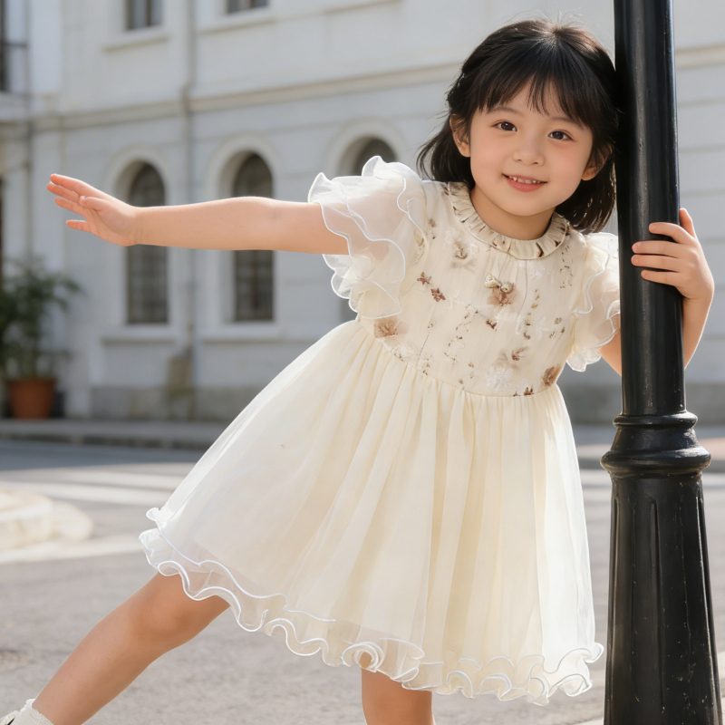 ชุดเดรสสไตล์เจ้าหญิงสีขาวสำหรับเด็กผู้หญิงอายุ 3-9 ปี พร้อมถุงข้อเท้าและเข็มขัด