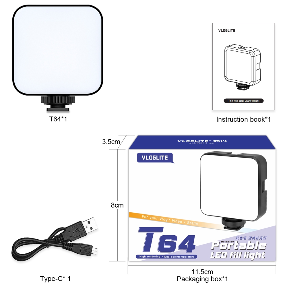 T64 BI ไฟ LED ชาร์จ 2500-9000K เติมโคมไฟสําหรับ Smarthphone กล้อง Gopro Tiktok วิดีโอถ่ายภาพชุดไฟขนา