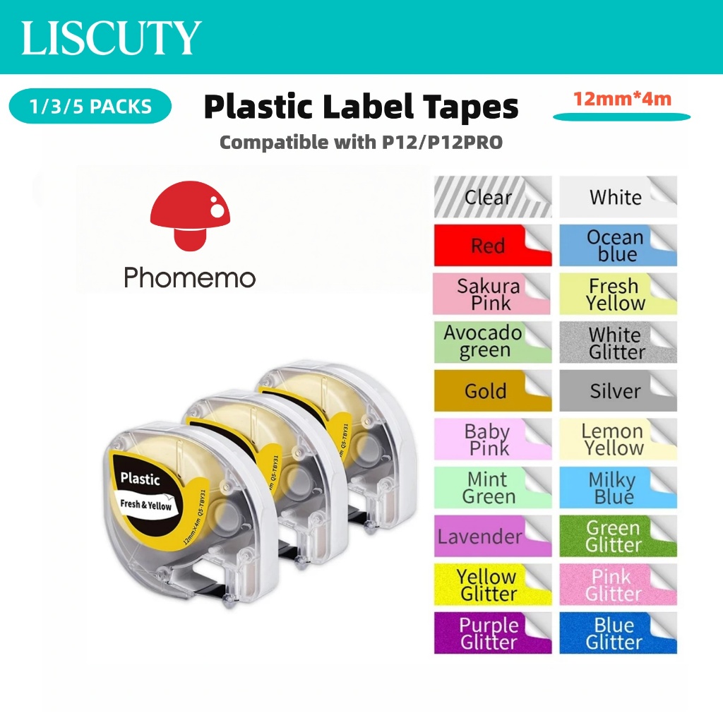 Phomemo P12/P12Pro/F12/LT12 Labels Maker เทปฉลากกระดาษ/รีฟิล,12mm*4m,1/3/5 Pack