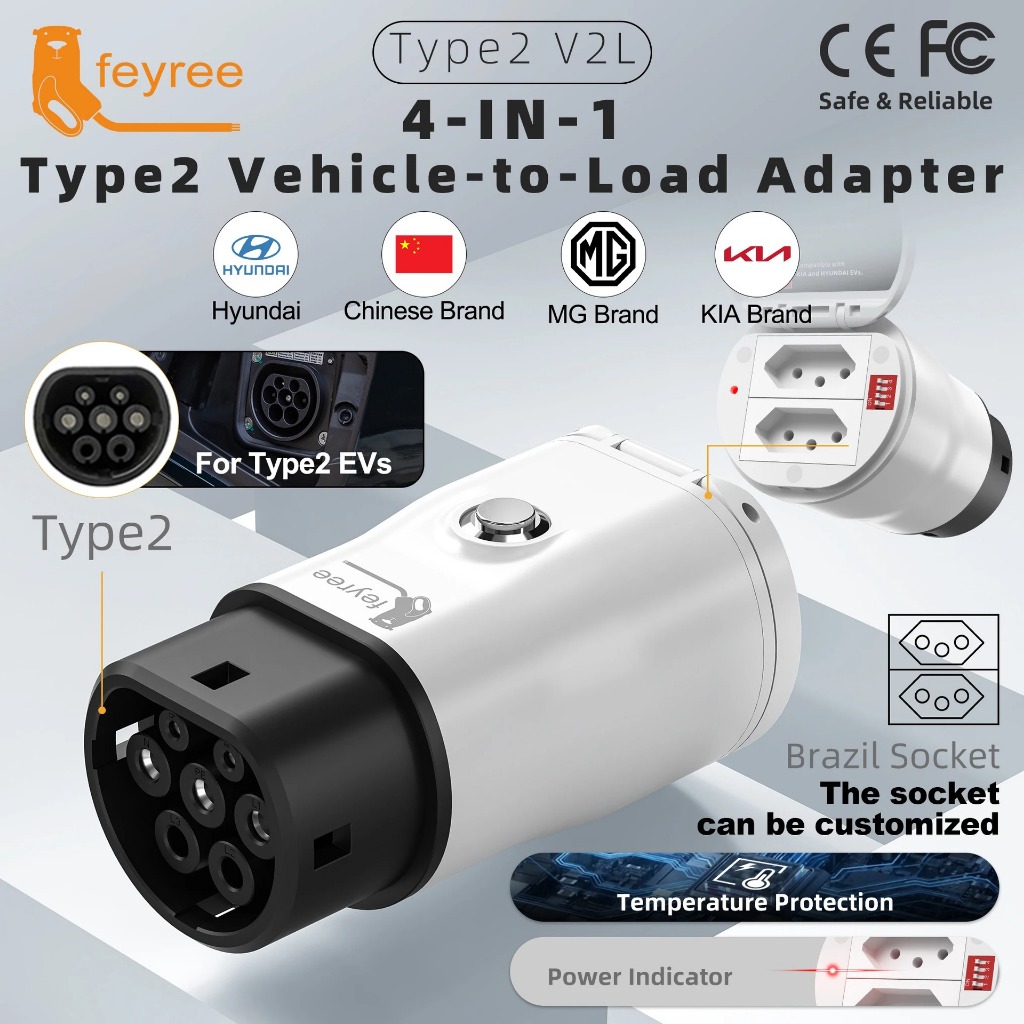 Feyree Type 2 V2L Discharger Adapter สําหรับ Type 2 EVs, ยานพาหนะเพื่อโหลดตัวแปลงพลังงานและสวิตช์ควา