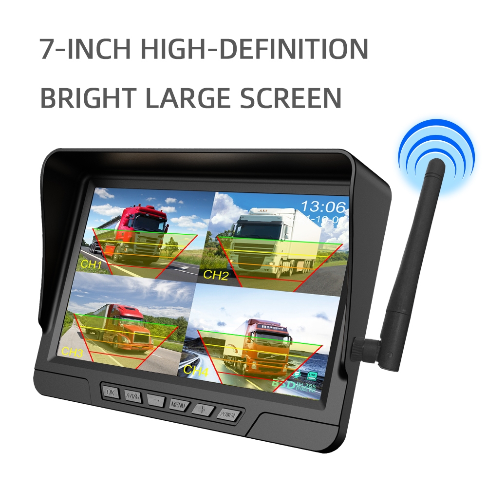 Q12-F25 รถบรรทุก 4 ช่องการตรวจสอบไร้สาย Digital DVR Recorder กล้องสํารองย้อนกลับ 7 นิ้ว Solar Wirele