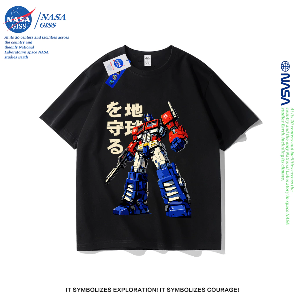 NASA เสื้อยืดชายหญิงแขนสั้น สตรีทฮิปฮอป summer หุ่นยนต์แปลงร่าง พิมพ์ลาย คอตตอน คอกลม หลวมและระบายอากาศ