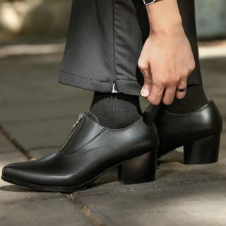 Man Loafers 38-46 สีดําทุกวันเพิ่ม 6 ซม.ชุดแต่งงานสีทึบหนังซ…