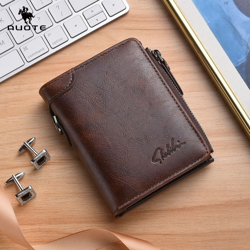 AUOTE กระเป๋าสตางค์ผู้ชาย Retro PU กระเป๋าสตางค์สั้นกระเป๋าอเนกประสงค์ Anti-Loss Anti-Theft Multi บัตรเครดิตซิปผู้ถือเหรียญธุรกิจ Snap สตางค์โซ่ที่ถอดออกได้